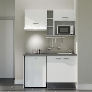 Kitchenette 140 cm blanche K13L-PT, plan de travail stratifié gris, plaque de cuisson, frigo et micro-ondes blanc