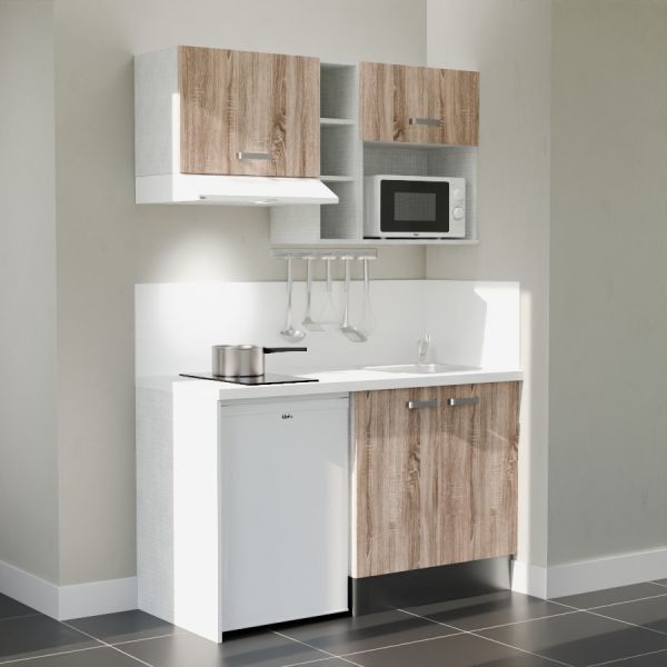 Kitchenette 140 cm bois K13L-PT, crédence et plan de travail stratifié blanc, plaque de cuisson, frigo et micro-ondes blanc