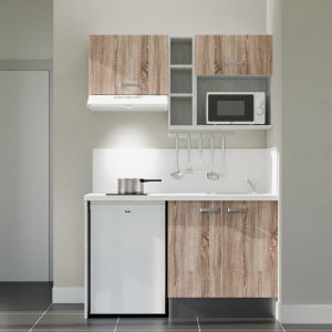 Kitchenette 140 cm bois K13L-PT, crédence et plan de travail stratifié blanc, plaque de cuisson, frigo et micro-ondes blanc