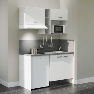 Kitchenette 140 cm blanche K13L-PT, crédence et plan de travail stratifié gris, plaque de cuisson, frigo et micro-ondes blanc