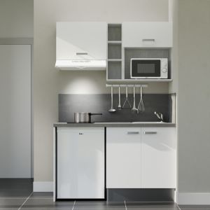 Kitchenette 140 cm blanche K13L-PT, crédence et plan de travail stratifié gris, plaque de cuisson, frigo et micro-ondes blanc