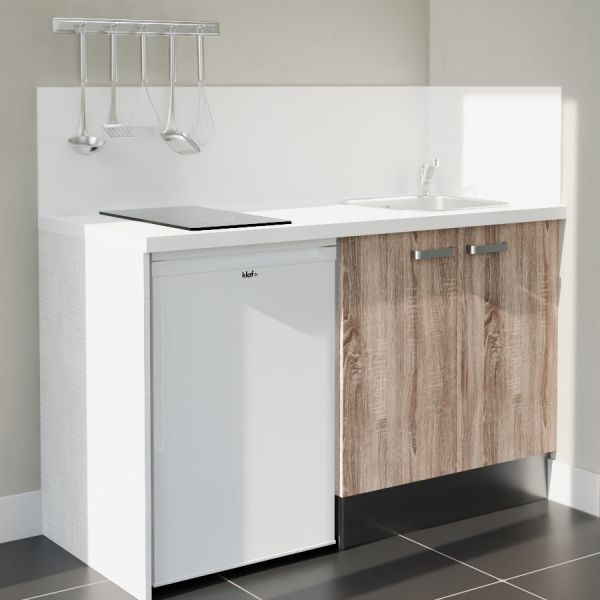 Kitchenette 140 cm bois K17L-PT, crédence et plan de travail stratifié blanc, plaque de cuisson et frigo blanc