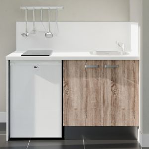 Kitchenette 140 cm bois K17L-PT, crédence et plan de travail stratifié blanc, plaque de cuisson et frigo blanc