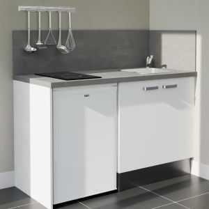 Kitchenette 140 cm blanche K17L-PT, crédence et plan de travail stratifié gris, plaque de cuisson et frigo blanc