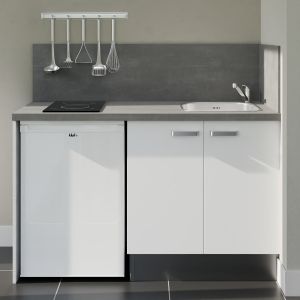 Kitchenette 140 cm blanche K17L-PT, crédence et plan de travail stratifié gris, plaque de cuisson et frigo blanc