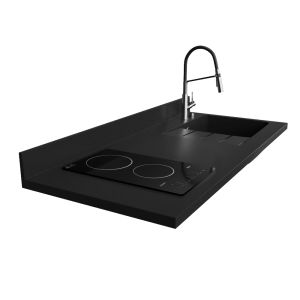 Plan de travail monobloc PlaniQuartz pour cuisine avec évier à droite noir - 140 cm