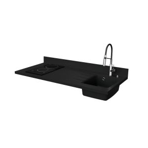 Plan de travail monobloc PlaniQuartz pour cuisine avec évier à droite noir - 140 cm