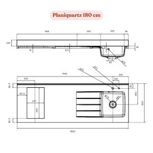 Plan de travail monobloc PlaniQuartz avec évier - 180 cm