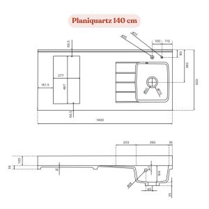 Plan de travail monobloc PlaniQuartz avec évier - 140 cm