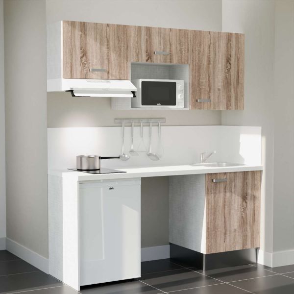 Kitchenette 180 cm K55L : façades bois, plan de travail et crédences blanc, frigo top, micro-ondes et hotte blanc