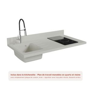 Kitchenette K01L - 120 cm - équipée avec électroménager et plan de travail planiquartz blanc évier à gauche