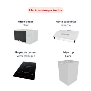 Kitchenette K02L - 120 cm - équipée avec électroménager blanc inclus : micro-ondes, hotte casquette, plaque de cuisson vitrocéra