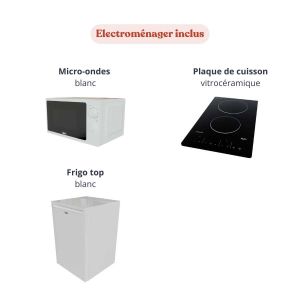 Kitchenette K07L - 120 cm - équipée avec électroménager blanc : micro-ondes, plaque de cuisson vitrocéramique et frigo top