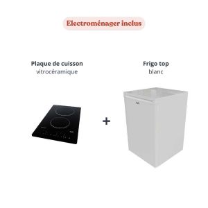 Kitchenette K08L - 120 cm - équipée avec électroménager : frigo top blanc et plaque de cuisson vitrocéramique