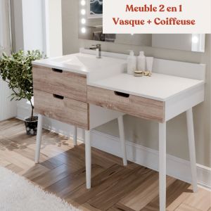 Meuble de salle de bain bois et blanc ALYA 120 cm - 2 en 1 Vasque + coiffeuse