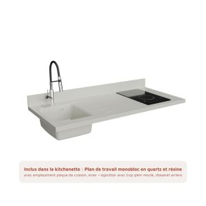 Kitchenette K13L - 140 cm - équipée avec électroménager et plan de travail monobloc Planiquartz blanc avec évier à gauche