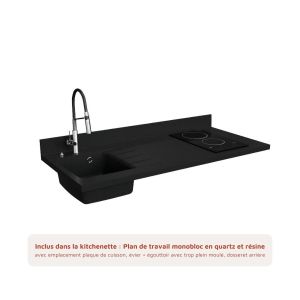 Kitchenette K17L - 140 cm - équipée avec électroménager et plan de travail monobloc Planiquartz noir évier à gauche