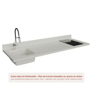 Kitchenette K20L - 180 cm - équipée avec électroménager et plan de travail monobloc Planiquartz blanc evier à gauche