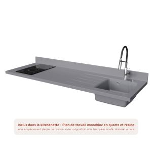 Kitchenette K20L - 180 cm - équipée avec électroménager et plan de travail monobloc Planiquartz gris evier à droite