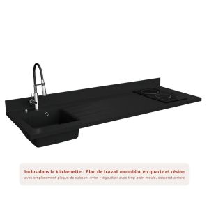 Kitchenette 180 cm K55L équipée avec électroménager inclus et plan de travail monobloc Planiquartz noir avec évier à gauche