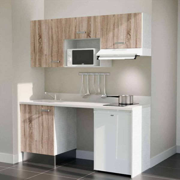 Kitchenette 180 cm K55L équipée avec électroménager blanc inclus - façades bois, plan travail blanc évier à gauche