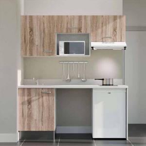 Kitchenette 180 cm K55L équipée avec électroménager blanc inclus - façades bois, plan travail blanc évier à gauche