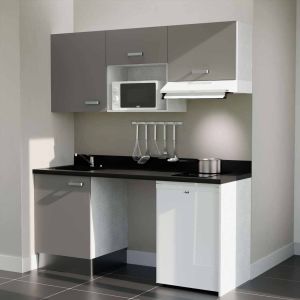 Kitchenette 180 cm K55L équipée avec électroménager blanc inclus - façades grises, plan travail noir évier à gauche