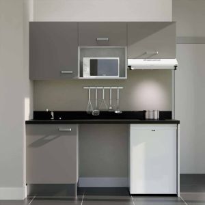 Kitchenette 180 cm K55L équipée avec électroménager blanc inclus - façades grises, plan travail noir évier à gauche