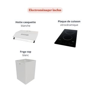 Electroménager inclus avec la kitchenette K01L-PT : frigo top blanc, plaque vitrocéramique, hotte blanche