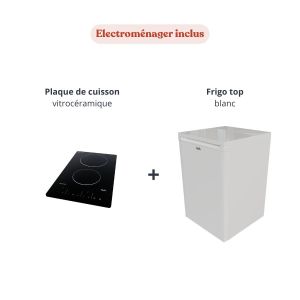 Kitchenette équipée K08L-PT - électroménager inclus plaque vitrocéramique 2 feux et frigo top blanc