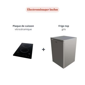 Kitchenette équipée K08L-PT - électroménager inclus plaque vitrocéramique 2 feux et frigo top gris