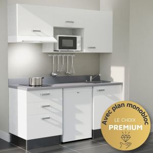 Kitchenette 180 cm K20L équipée avec électroménager inox inclus - façades blanches, plan travail gris évier à droite