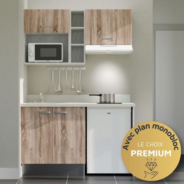 Kitchenette 140 cm K13L équipée avec électroménager blanc inclus - façades bois, plan travail blanc évier à gauche