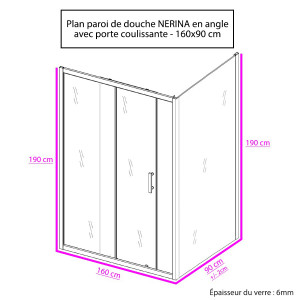 Porte de douche d'angle avec paroi coulissante NERINA - 160x90 cm