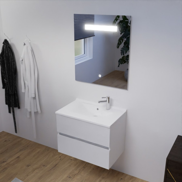 Meuble salle de bain avec vasque à poser blanc et bois KLASS + Miroir LED -  100 x 50 cm