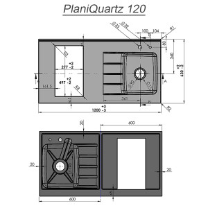 Plan de travail de cuisine monobloc PlaniQuartz avec évier - 120cm