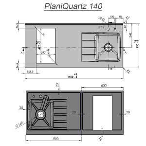 Plan de travail monobloc PlaniQuartz avec évier à gauche - 140cm SNOVA