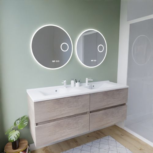 Meuble double vasque suspendu coloris bois avec plan vasque blanc et 2 miroirs LED ronds