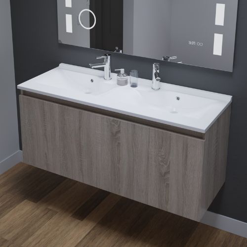 Meuble double vasque coloris bois avec portes pivotantes